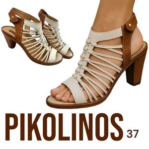 Pikolinos Women's Java Gladiator Peep Toe Heeled Leather Sandals Brown White 37